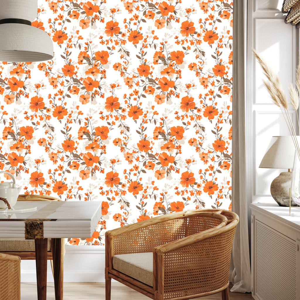 Flowers and Leaves Wallpaper White and Peach for Living Room and Bedroom 50x1000