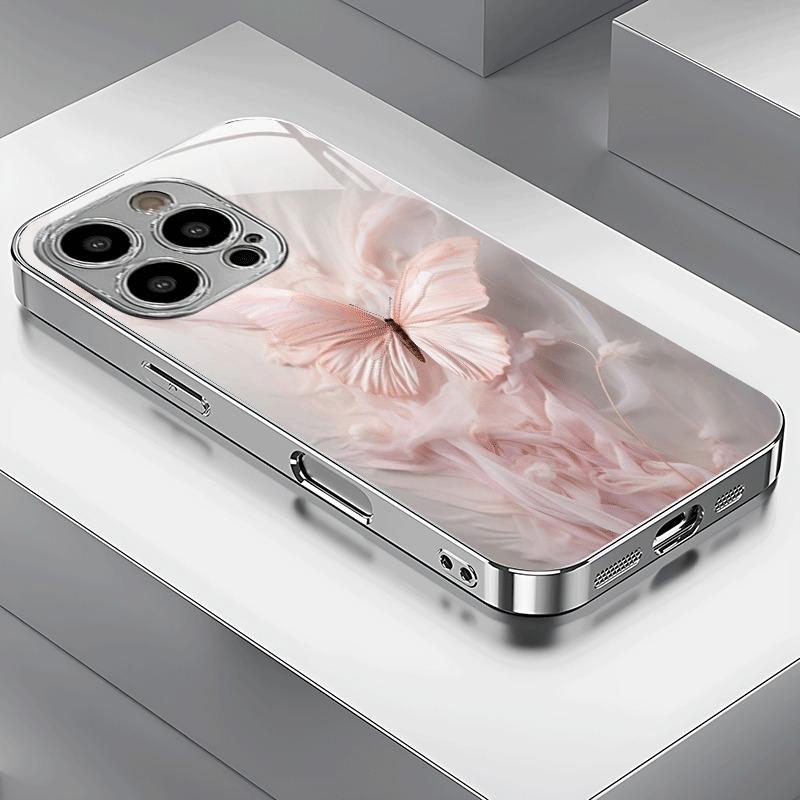 

Розовый узор с бабочками Гальванизированное серебро Стеклянный чехол для телефона Для iPhone 17 16 15 14 13 12 11 Pro Max 14 15 Plus 16E 17 Air Cover iPhone 14 Plus