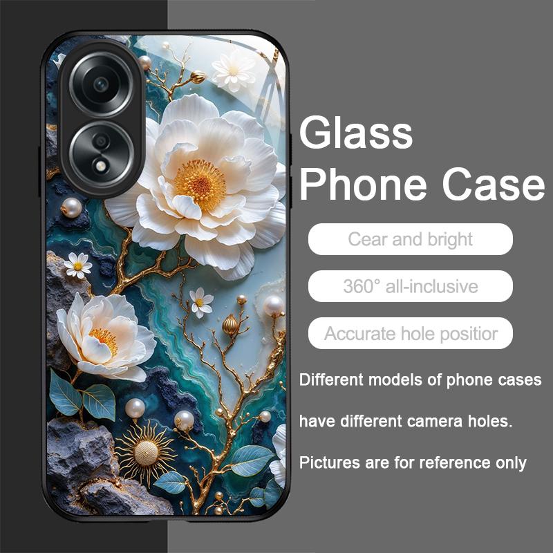 White Camellia Flower Marble Texture Tempered Glass Phone Case for OPPO Realme 13 Pro Plus 12 11 10 9i C55 X7 GT Neo 2 3T Cover