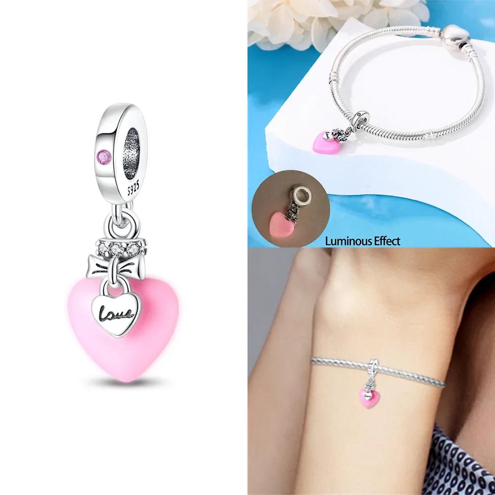 Silberrosa Serie Zirkonium Herzförmiger Perlenanhänger Süßes Paar Passend für Original Armband Für Frauen Charm Schmuck Geschenk