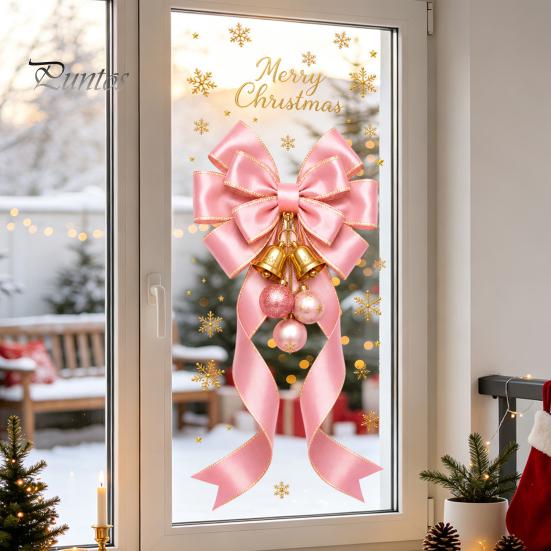Static Glass Stickers Sticker, Christmas Theme Bow Pattern Print, Removable Film Electrostatic PVC for Home And Store Doors Party Supplies