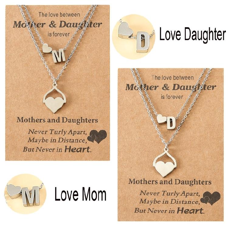 Silver Heart-shaped Letter Necklaces Mother's Day Parent-child Card Necklaces Stainless Steel Collarbone Chain Jewelry
