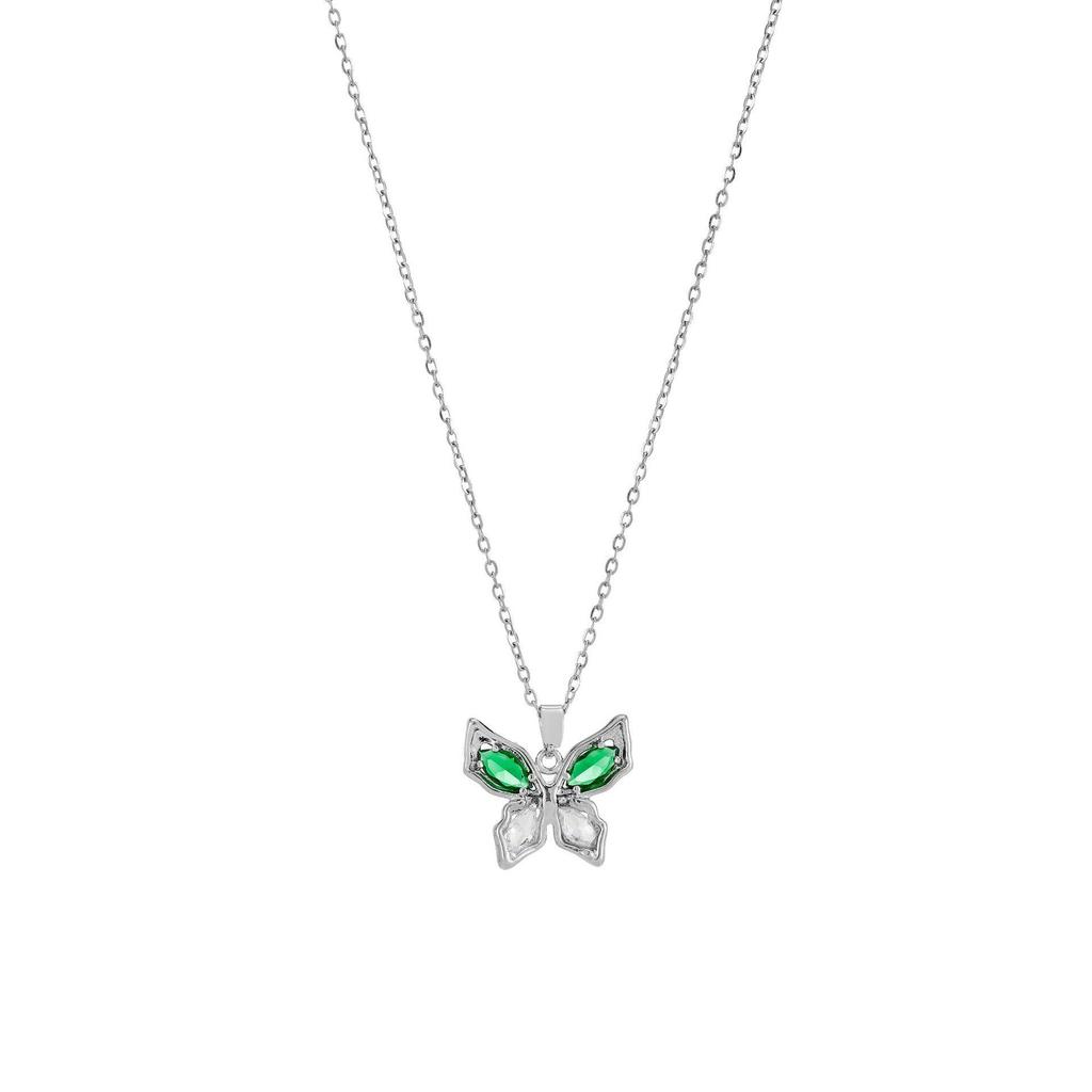 Elegant Titanium Butterfly Necklace with Green Diamond Pendant