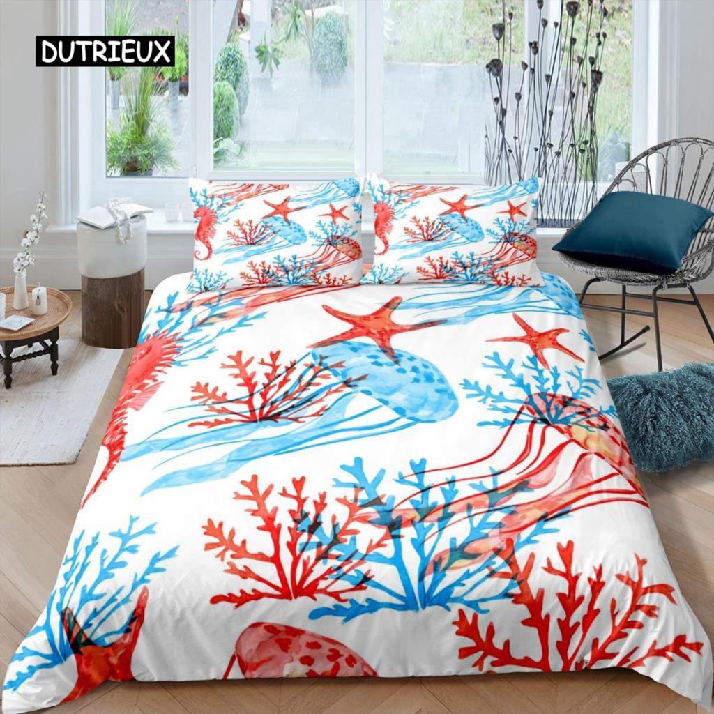 Starfish Duvet Cover Set Summer Beach Seashell Starfish Twin Bedding Set Polyester Hawaiian Tropical Nature Sea King Quilt Cover
