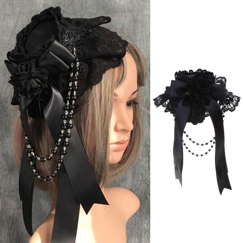 Lolita Ribbon Bows Beaded Pendant Bonnet Cap Headdress Gothic Flower Lace Mini Top Hat Headwear Cosplay Accessories