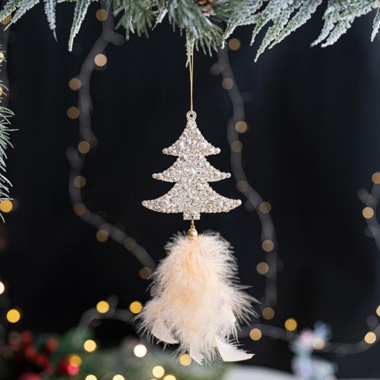 Christmas Tree Ornament Snowflake Plush Pendant Hanging Xmas Pendant with Feather Elements Sequins Bells Winter New Year Party Decor