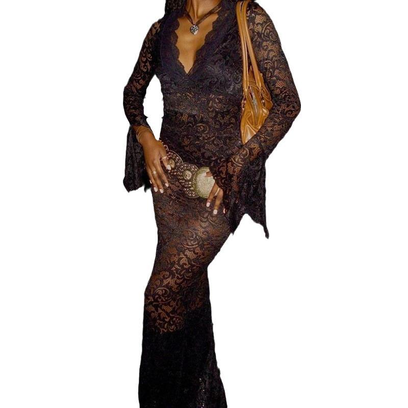 New Sexy Deep V Neck See Through Long Sleeve Lace Dress Slim Fit Fashion Perspective Street Style Party Club Dress Women Bodycon Hollow Clothing