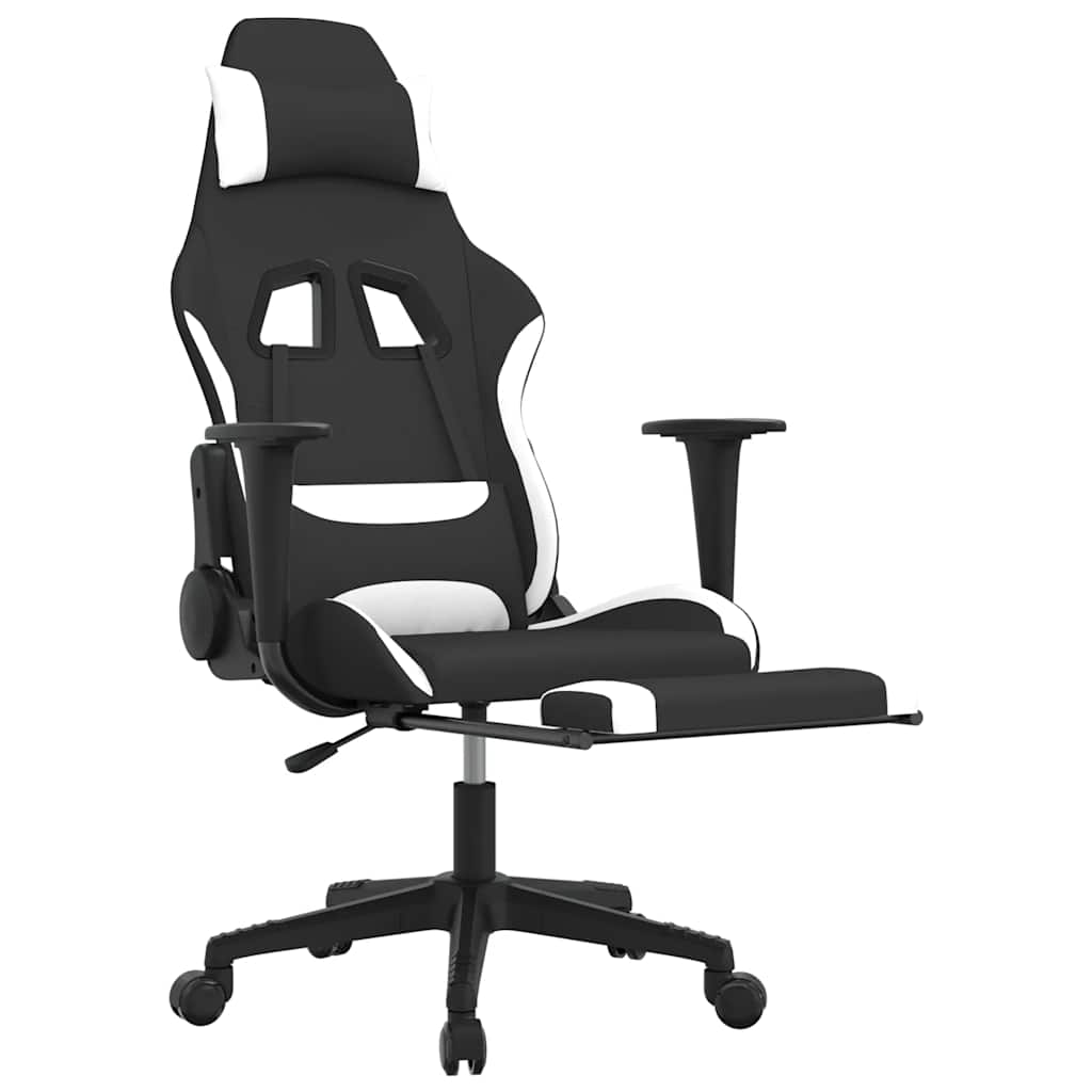 Gaming Chair with Massage Function and Footrest Black and White Fabric