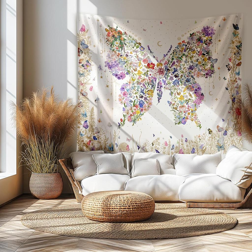 Floral Butterfly Tapestry, Boho Wildflower Moon Print Large Wall Hanging for Bedroom Living Room Aesthetic Home Decor