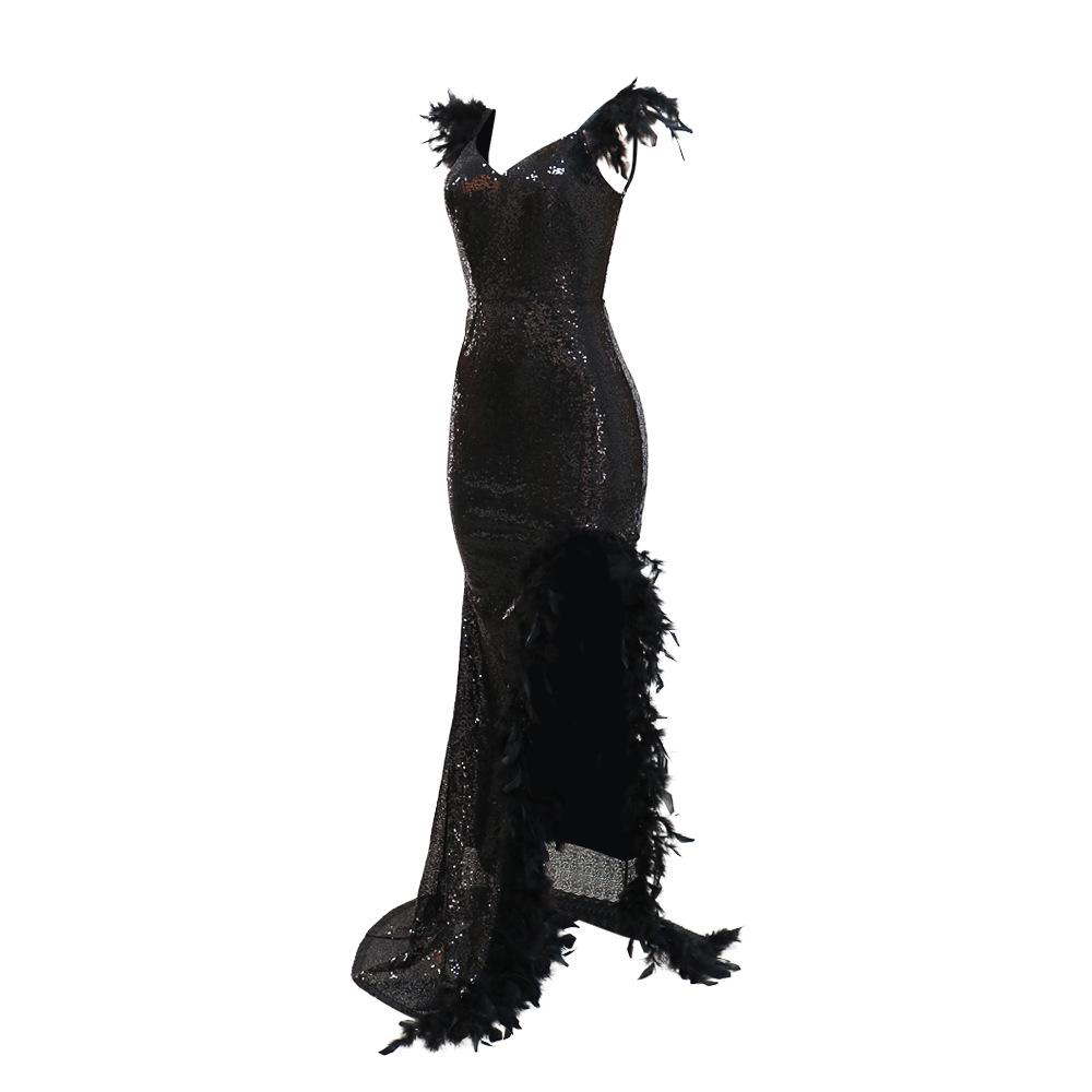European & American Sexy Feather Sequin High Slit V-Neck Open Back Party Dress