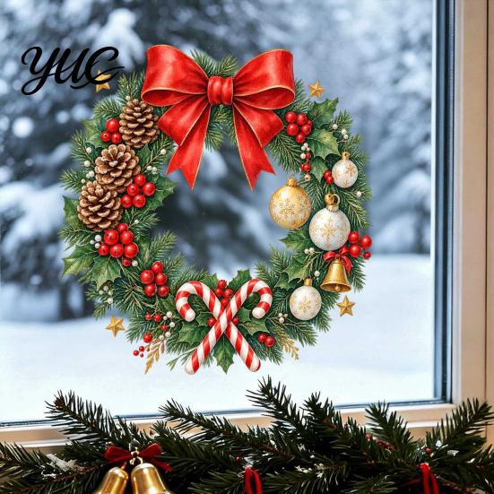 Creative Holiday Gifts Christmas Wreath Window Decals, Removable Stickers with Pine Cone Decorative PVC Wall Bow Berry Poinsettia, Waterproof