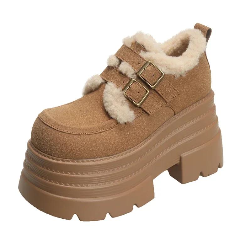 10CM New Winter Chunky Casual Snow Shoes Woman High Platform Wedge Heels Warm Fur Sneakers Fashion Women Buckle Leather Shoes