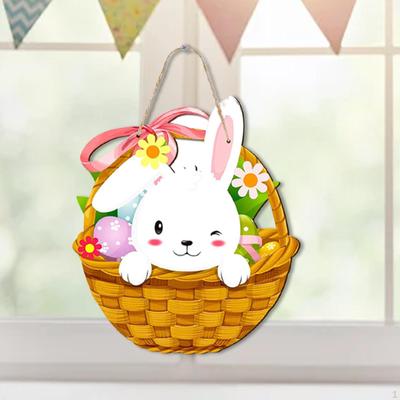 Happy Easter Wooden Hanging Sign Plaque with String Bunny Door Decoration for
