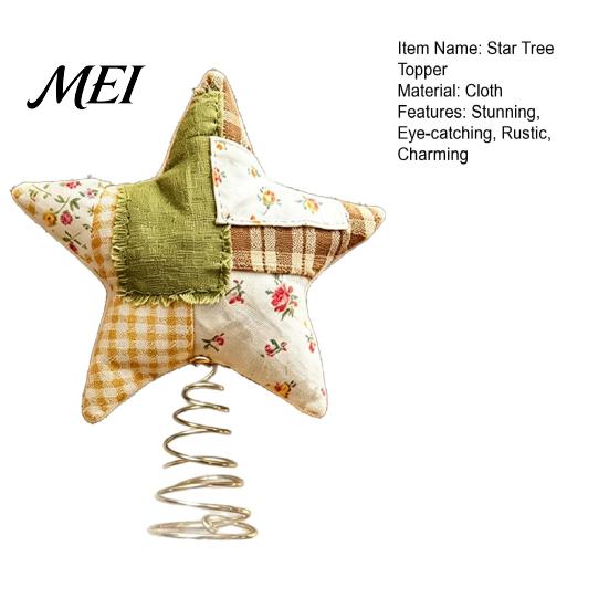 Star Tree Decoration Christmas Topper, Patchwork Plush Stuffed Xmas Cute Cartoon Ornament for Winter Holiday Party Home Decor Pink Green Topper