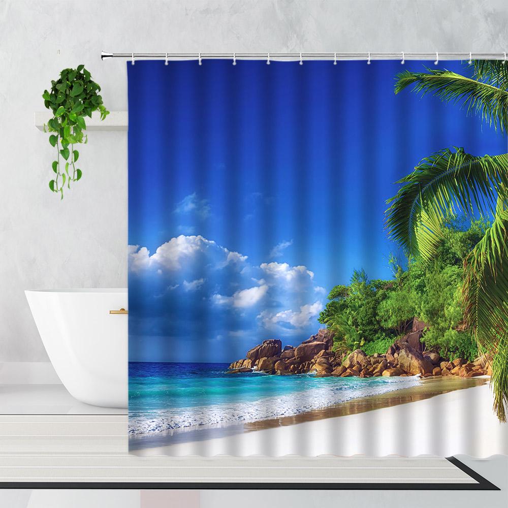 Palm Trees Beach Shower Curtains Sea Waves Island Vacation Hawaii Nature Scenery Summer Fabric Bathroom Decor Bath Curtain Hooks