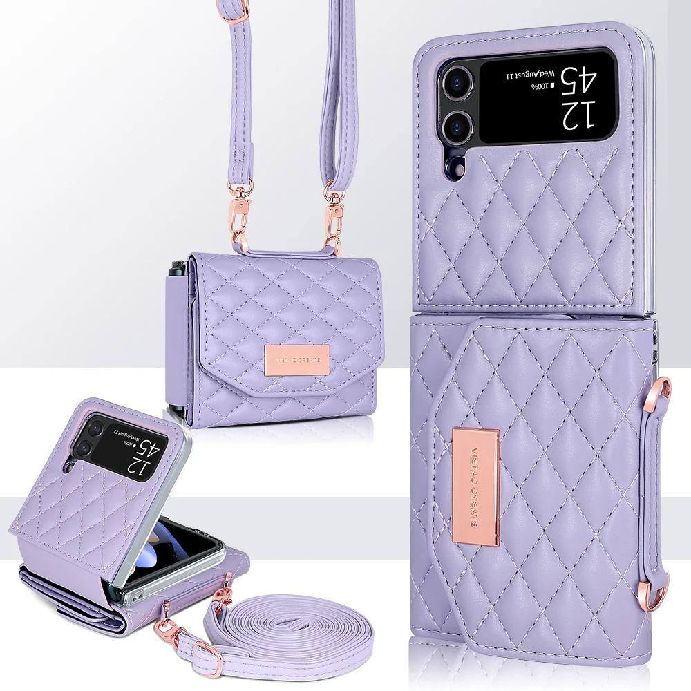 Lanyard Cards Solt Leather Wallet Case for Samsung Galaxy Z Flip 6 5 4 3 5G Flip6 Flip5 Strap Diamond Triple Fold Purse Cover