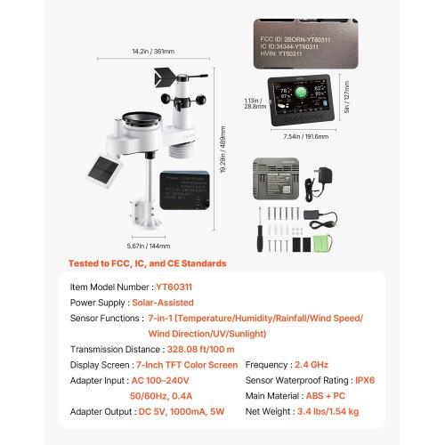 VEVOR 7-in-1 Wi-Fi Weather Station, 177.8 Mm TFT Display, Wireless Solar Powered Outdoor Sensor, Rain Gauge, Indoor Outdoor for Weather Forecast