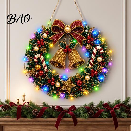 Festive Door Hanging Ornament DIY Acrylic Christmas Faux Pearl Art Kit, Lighted Wreath 3D Beaded Craft Mantelpiece Kit with LED String Light, Beginner