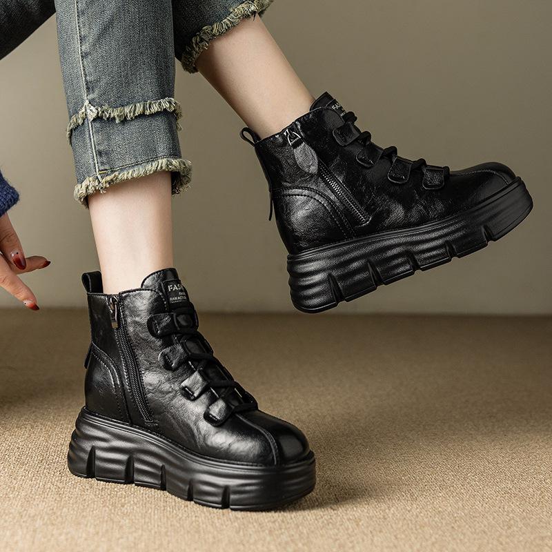 Autumn/Winter Thick-Soled Hidden Heel 8cm Side Zipper Versatile Women's Leather Martin Boots
