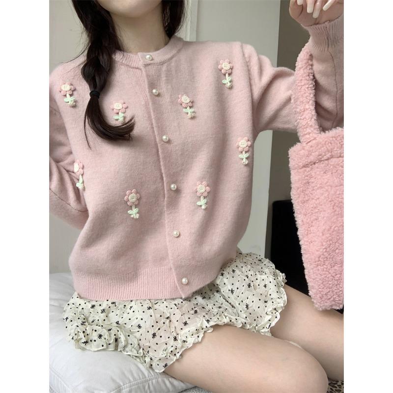 

Flower Pink Women s Sweater Stand Up Collar Short Style Knitted Cardigan Autumn Winter Loose Woman Trendy Top Onesize розовый
