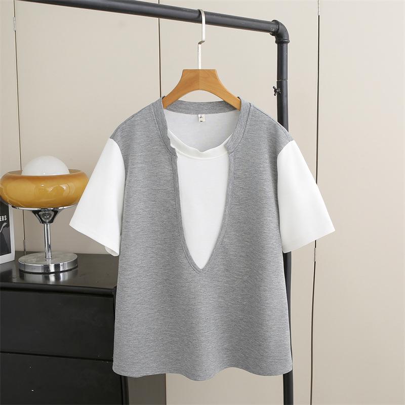 2026 Women's Plus Size Color Block College Style Short Sleeve Pullover T-shirt