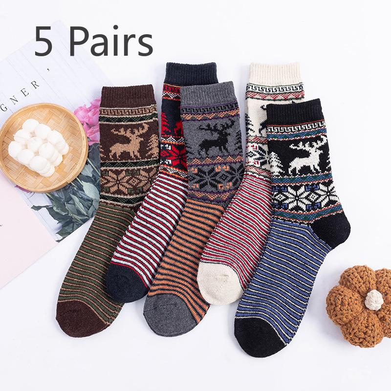 5 Pairs of Women's Mid-calf Socks, Thickened and Warm Rabbit Wool Socks with Thick Thread and Ethnic Style
