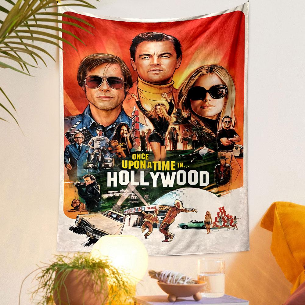 Collage of vibrant Hollywood scenes featuring prominent characters. Patterned tapestry for bedroom and living room home decor