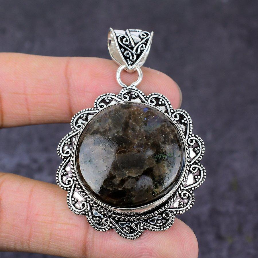 Larvikite Stone Gemstone Handmade 925 Sterling Silver Jewelry Pendant 2.36" n5N55