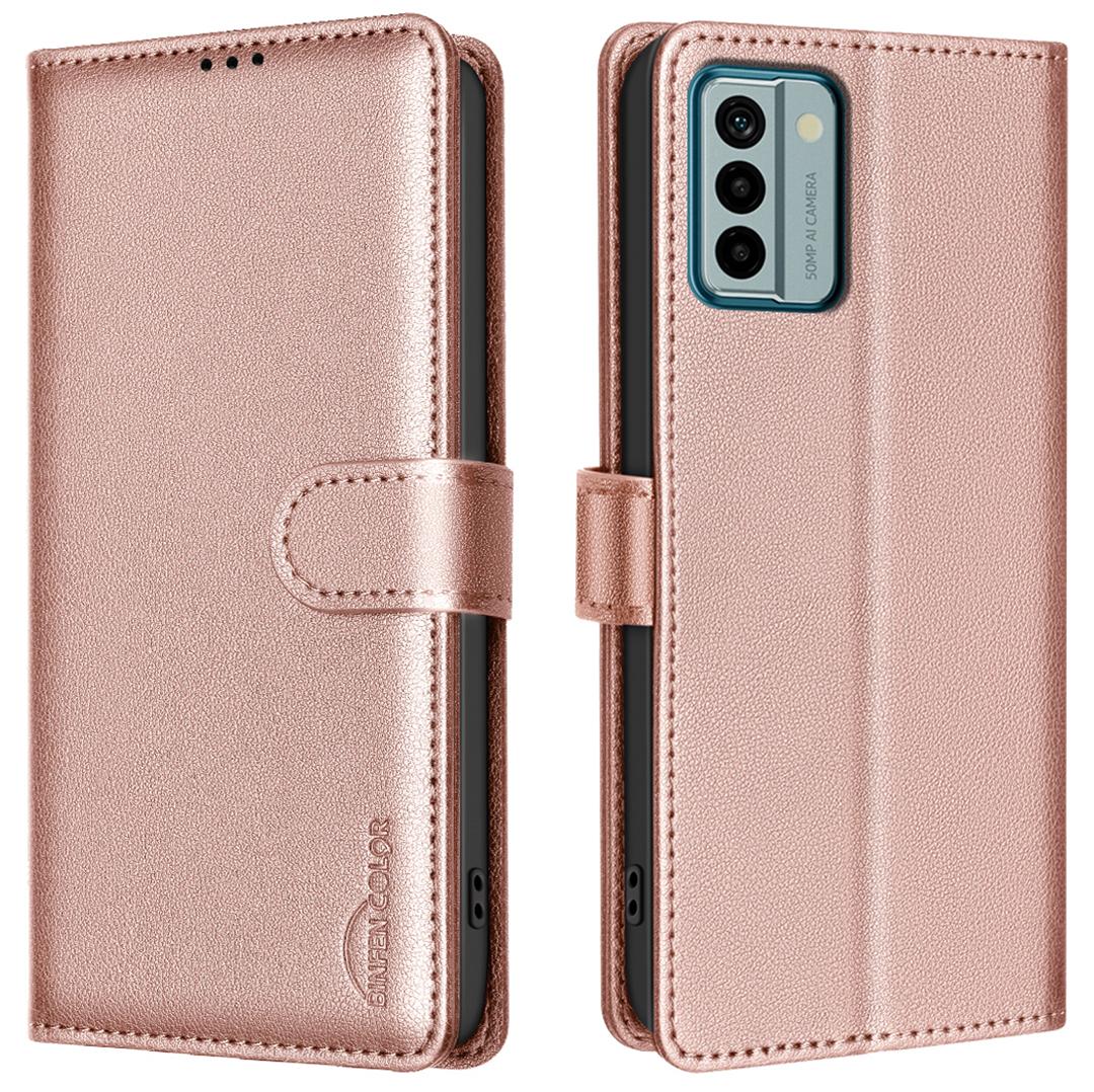 

BINFEN COLOR BF32 For Nokia G22 Wallet Phone Phone Case Litchi Texture RFID Blocking Stand Cover Rose Gold