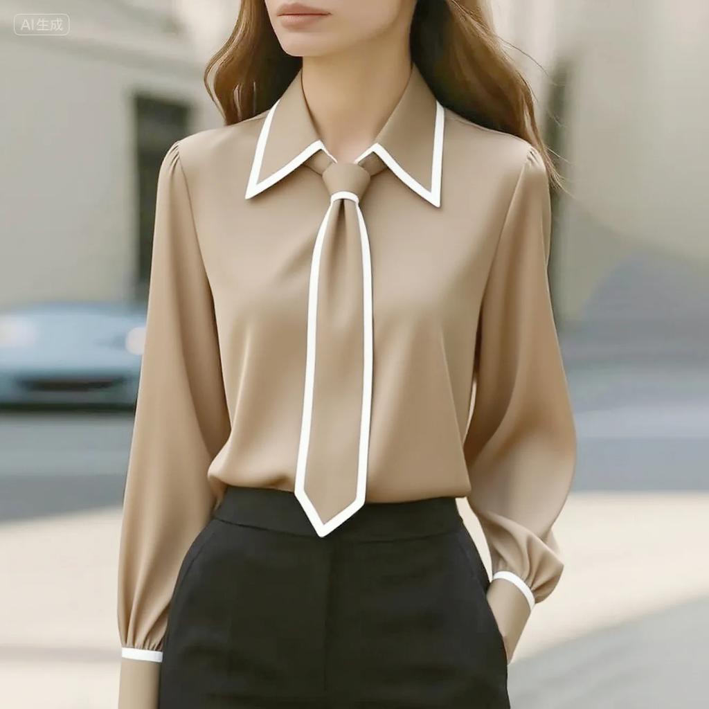 Women's Commuting Tie Long Sleeve Shirt Trim Tops Slim Fit Turn Down Collar  Solid Blouse Shirts Workwear Business Blouses