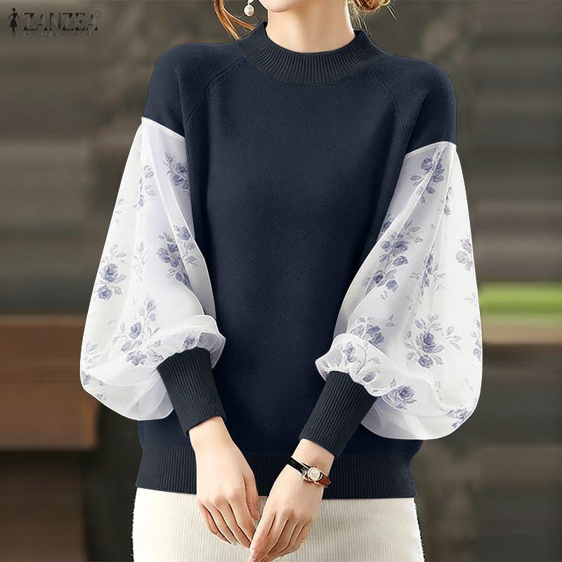 ZANZEA Women Casual Round Neck Splice Long Sleeve Loose Blouse