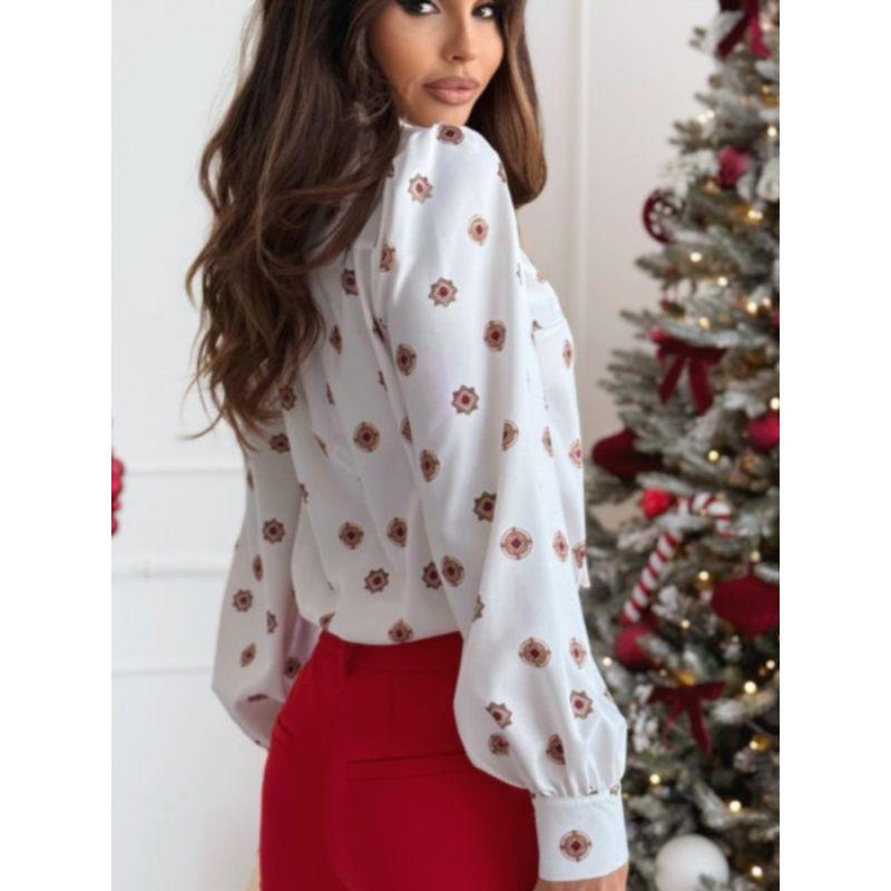 Sweet Spring New Arrival Fashion European and American Style Work Clothing Print Single-Breasted Lace up Bows Long Sleeve Shirt Top Women