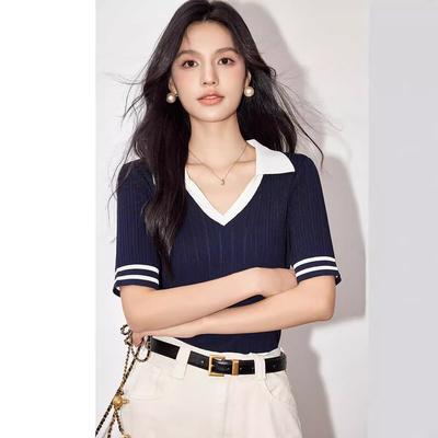 Summer Women's Casual Polo Shirt Ice Silk Knitted Short-sleeved T-shirt for Women