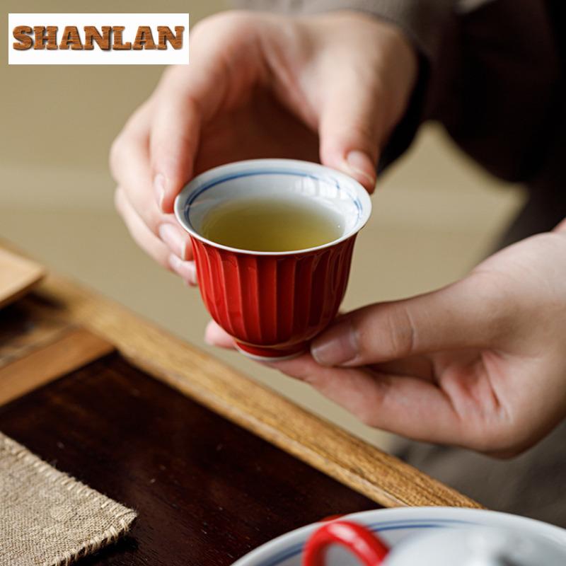 2 Stück/Los Rote Glasur Handbemalt Doppellinien-Teetasse Zen-Teeschale Kanne Teeverkostung Duftbecher Chazhan Meistertassen Teegeschirr 50ml