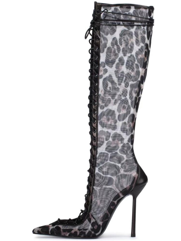 2025 Vår/Sommer Ny Snøring Korte Kule Støvletter Sideglidelås Bankett Slim Fit Høy Hæl Sexy Knelange Damestøvletter