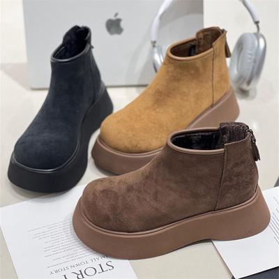 Winter British Style Fur Martin Boots Women's Thick-soled Cigarette Boots Fashionable Warm Rear Zipper Short Boots