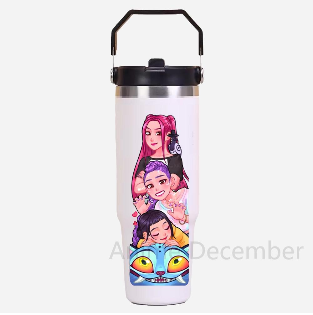 30Oz K-Pop Portable Car Cup Stainless Steel Thermos Cup with Straw Travel Sports Water Bottle with Handle Cover Coffee Vacuum Flask
