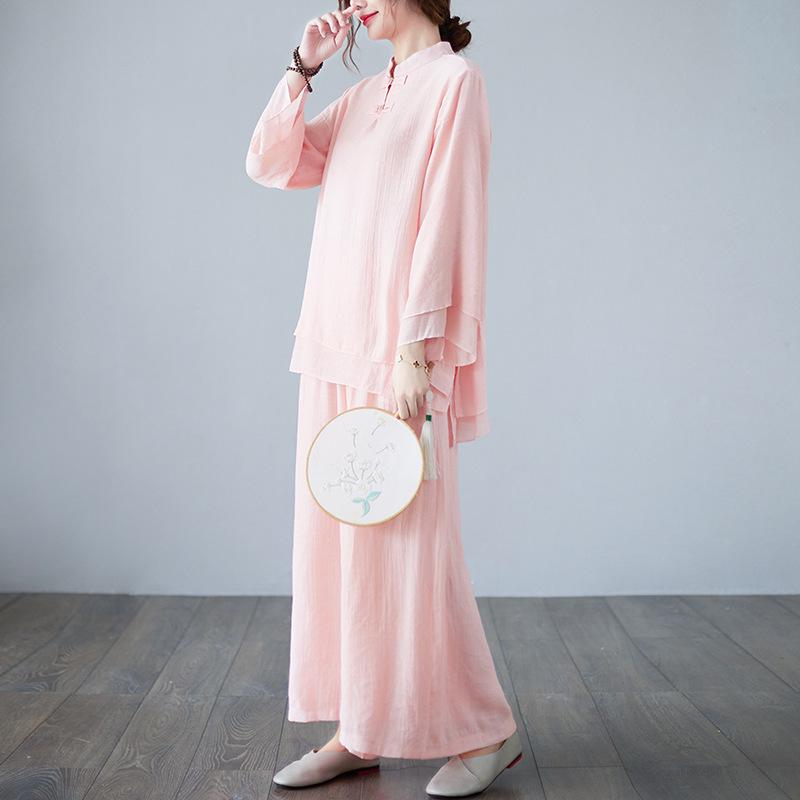 

Комплект для йоги с длинным рукавом, состоящий из топа с застежкой-пуговицей-лягушкой и брюк с широкими штанинами для женщин - стиль Дзен Чай Extra Large розовый