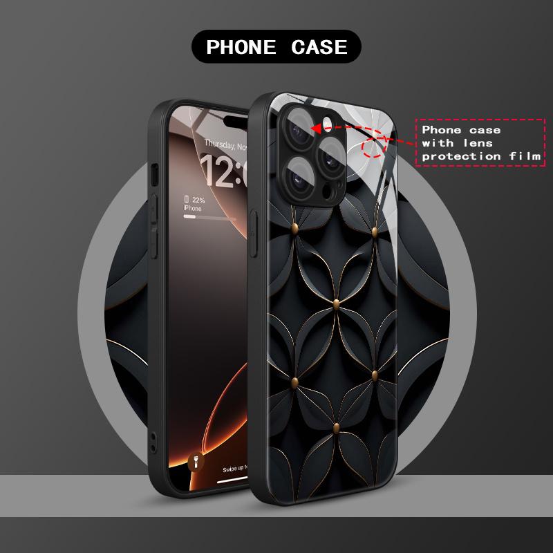 Black gold line flower pattern tempered glass phone case suitable for iPhone 17 16 15 14 13 12 11 Pro Max Plus scratch resistant