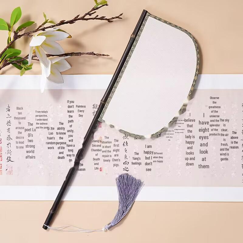 Purple Bamboo Silk Fan with Long Handle and Unique Shape – Ideal for Hanfu Catwalks, Photo Props, or Retro Mask Events