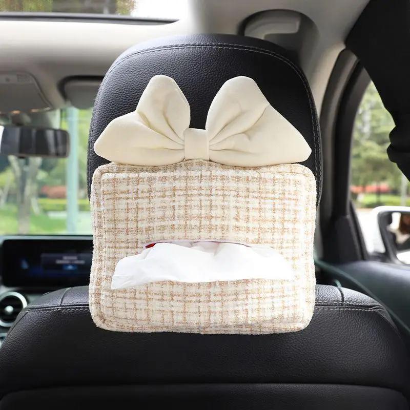 New Cute Cartoon Bowknot Car Tissue Box Female Car Seat Back Armrest Paper Box Seatbelt Cover Interior Decoration Supplies