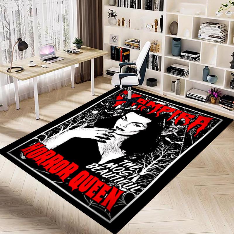 1pc Vampira Horror Queen Home Office, Durable Polyester Floor Mat with Easy, Office Decor, Urban Style, Nonslip Backing, Highquality Fabric