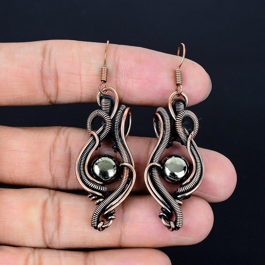 Golden Apache Pyrite Earrings, Gemstone Handmade Pure Copper Wire Wrap Jewelry Earrings, For Memorial Gift