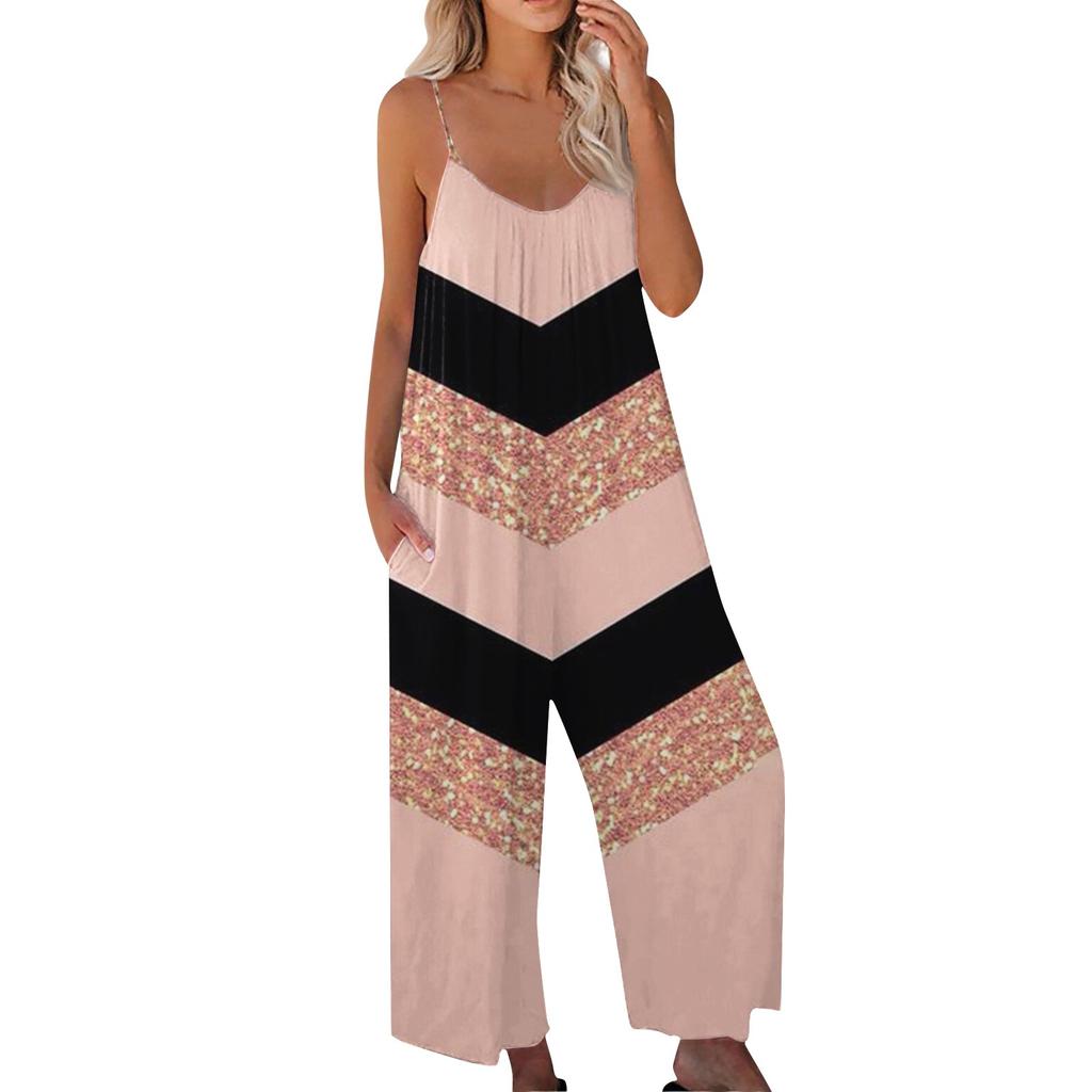 Damski modny swobodny kombinezon z nadrukiem patchworkowym, luźny kombinezon na szelkach