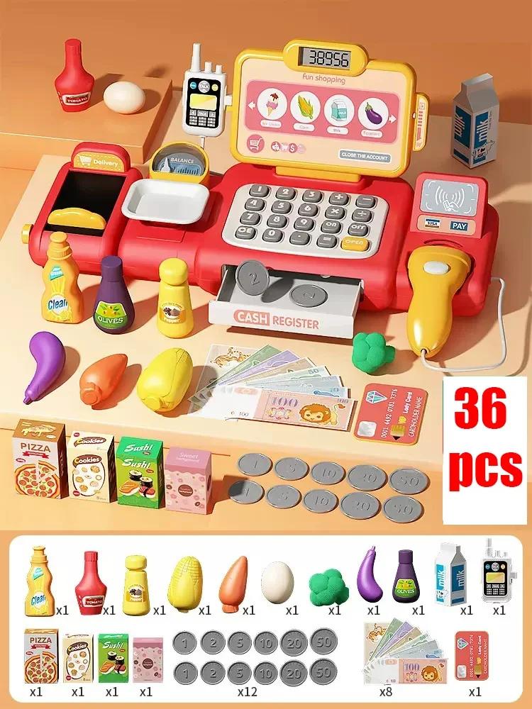 Non-Toxic 36-63Pcs Pretend Play Calculator Cash Register Toy Supermarket Shop Cashier Registers With Scanner Shopping Toys Gifts For Kids