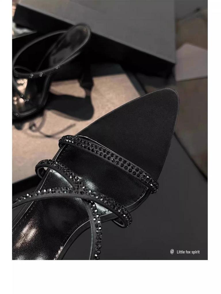 Brown Satin Rhinestone Pointed-Toe High Heel Sandals - Women's Mature Summer Style