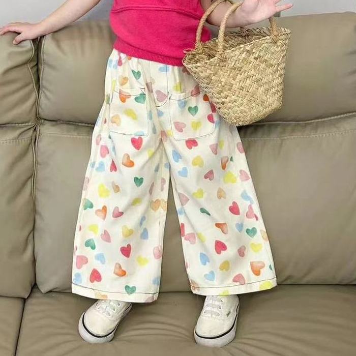

Милые прямые брюки с принтом Love для девочек, свободные повседневные широкие джинсовые брюки с эластичной резинкой на талии 90cm