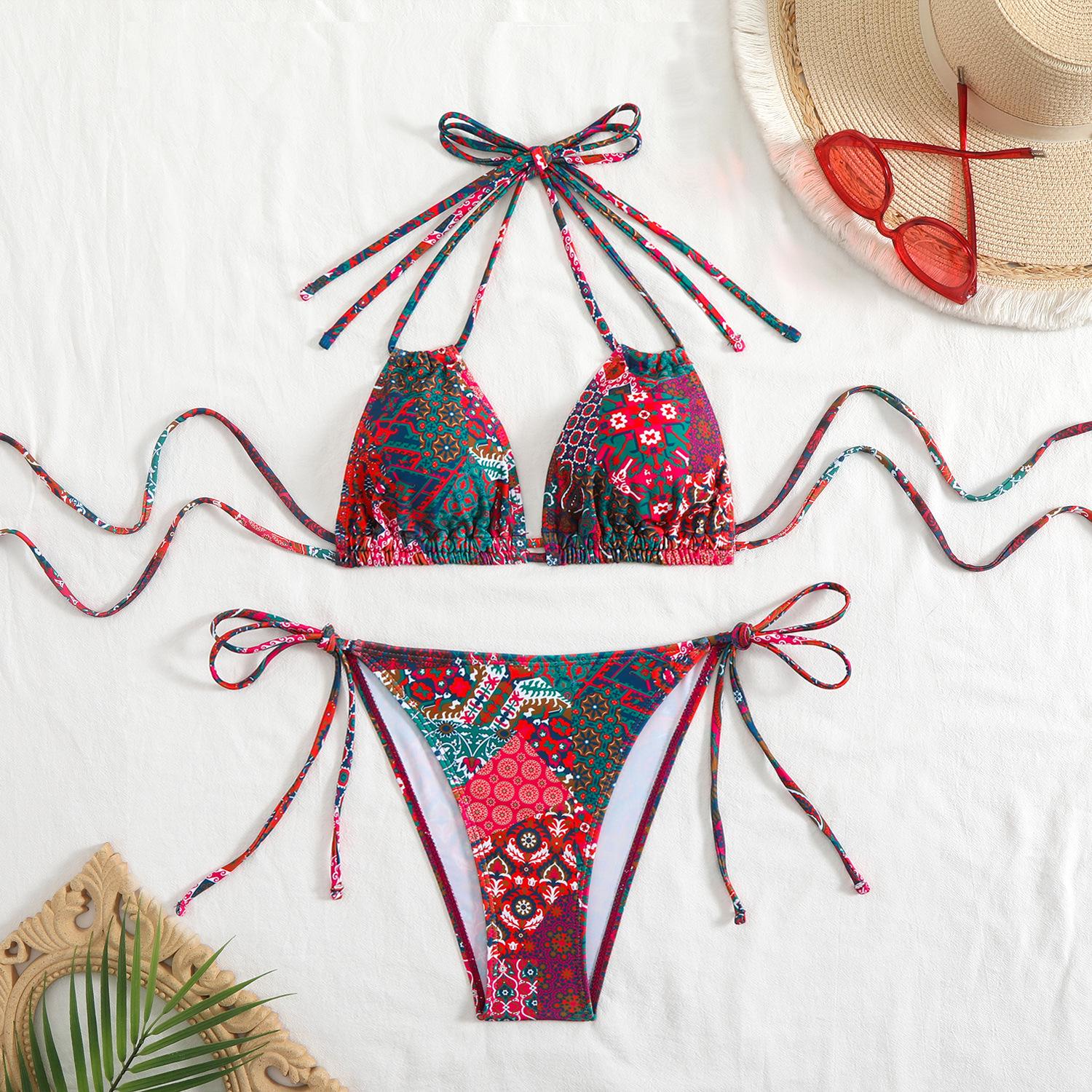 2026 European & American Women s Print Sexy Backless Double Tie Bikini Swimsuit Extra Large