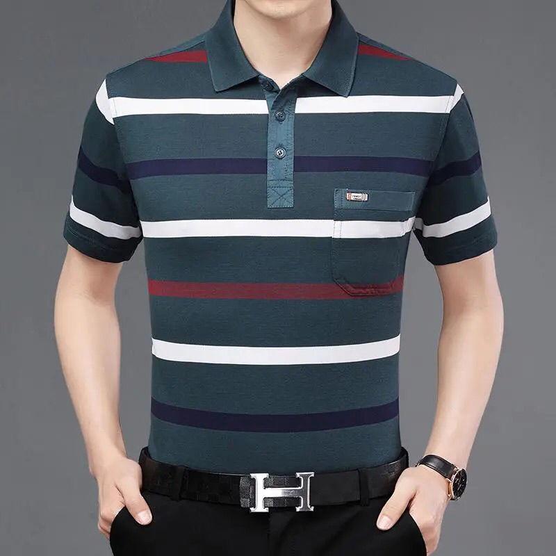 Casual Male Clothes Cotton Short Sleeve Stripe Polo Shirts Summer New Pocket Business Streetwear Fashion Men Versatile Loose Top