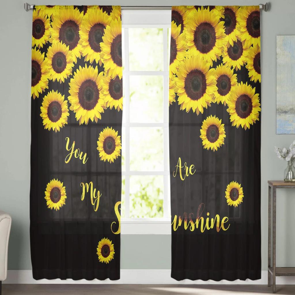 Sunflower Black Background Tulle Curtains Living Room Kitchen Chiffon Curtain Bedroom Balcony Sheer Curtain Fashion Home Decor